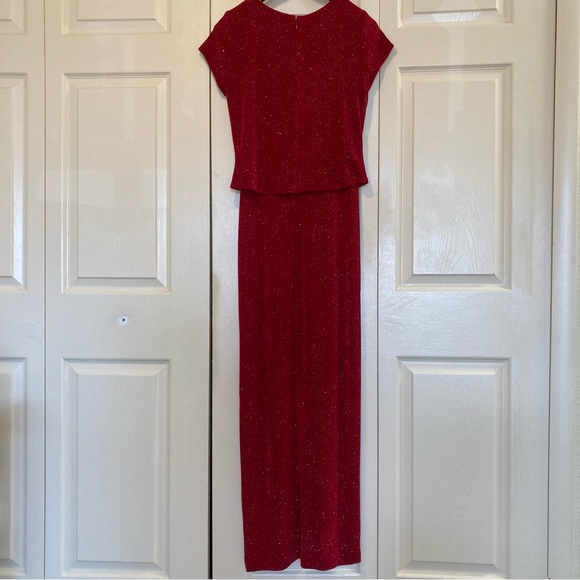 Betsy & Adam By Jaslene Red Solid Sparkling Sequin Gown Dress Maxi Slit Bodycon - Picture 2 of 7